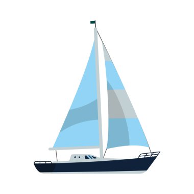 Yat, beyaz izole edilmiş arka planda mavi beyaz bir yelkenli. Düz bir biçimin renk vektör çizimi.