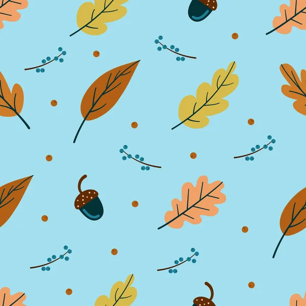 Patrón sin costuras de otoño, hojas rojas y amarillas, bellotas y bayas sobre un fondo azul claro. Ilustración vectorial a color de un estilo plano. — Vector de stock