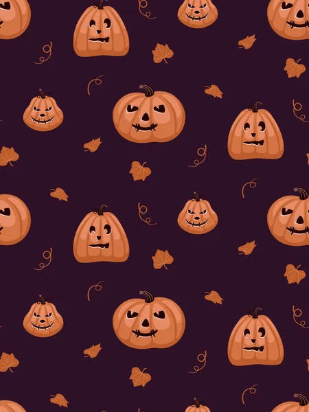 Seamless pattern for Halloween. Burgundy background with orange frightening pumpkins and leaves. Color vector illustration for fabric, paper. — Stock Vector