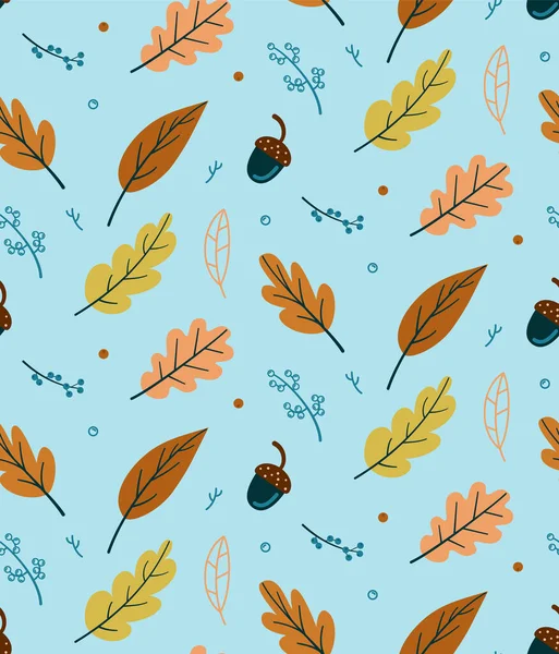 Bezproblémový podzimní vzor. Žluté listy, větve s bobulemi a žaludy. Barevná vektorová ilustrace pro tkaninu, papír. — Stockový vektor
