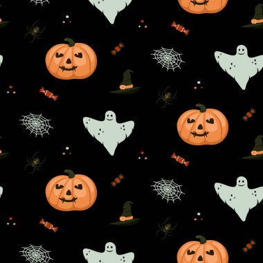 Cadılar Bayramı için kusursuz desen. Korkunç hayalet, balkabağı, örümcek. Karanlık bir arka planda örümcek ağları ve şekerler. Düz bir biçimin renk vektör çizimi.