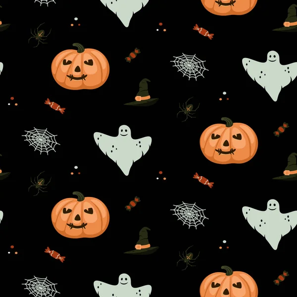 Padrão sem costura para o Halloween. Fantasma assustador, abóbora, aranha. teias de aranha e doces em um fundo escuro. Ilustração vetorial a cores de um estilo plano. —  Vetores de Stock