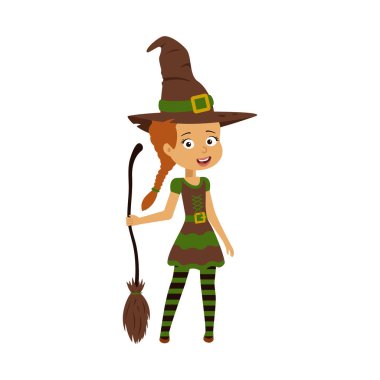 Cadı kostümlü, şapkalı ve cadı kostümlü bir kız. Cadılar Bayramı için renkli çocuk çizim karikatürü. Beyaz izole arkaplan.