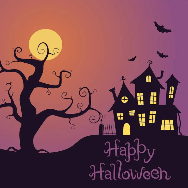 Happy Halloween Banner mit gruseligen Haus, Baum, Fledermäuse auf dem Hintergrund von Himmel und Mond. Farbvektorillustration mit Text für eine Einladung. — Stockvektor