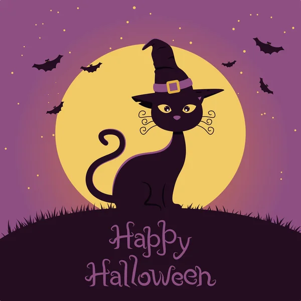 Bannière pour chat Halloween en chapeau sur le fond du ciel, la lune et les chauves-souris avec texte. Illustration vectorielle couleur pour la carte d'invitation. — Image vectorielle