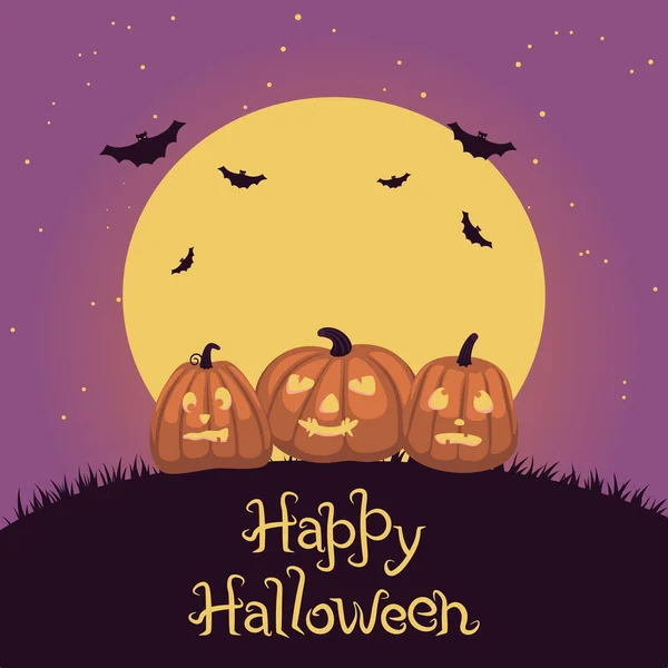 Banner για το Halloween με κολοκύθες και νυχτερίδες στον ουρανό και το φεγγάρι με κείμενο. Εικόνα διανύσματος χρωμάτων. — Διανυσματικό Αρχείο