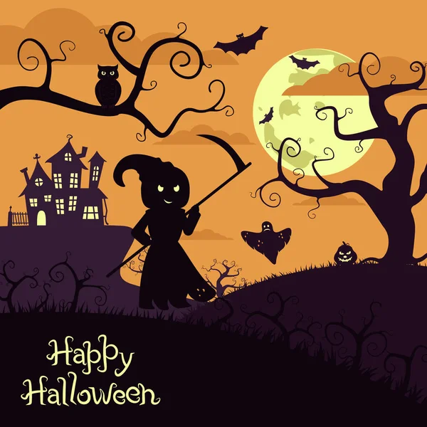 Cartaz de Halloween com árvores assustadoras, ceifeiro com foice, uma coruja, abóbora e morcegos no fundo da lua e do céu. Ilustração vetorial de cores, banner para um cartão de convite. —  Vetores de Stock