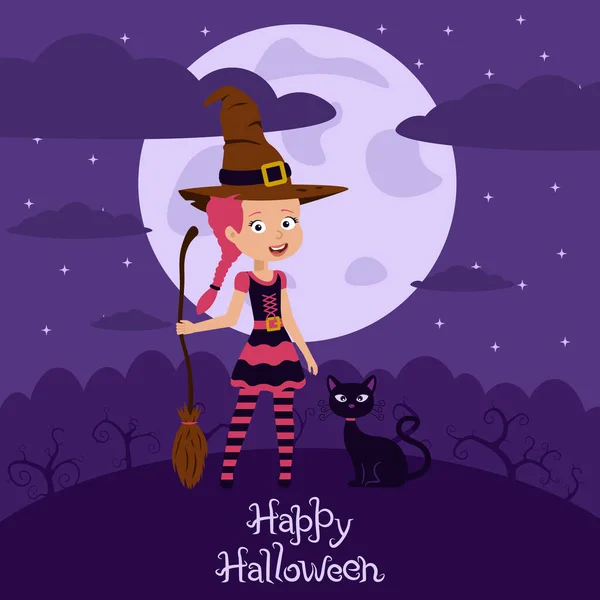 Banner für Halloween ist Mädchen im Hexenkostüm mit Katze auf dem Hintergrund von Wald, Mond und Himmel. Kinder Farbvektor Illustration Cartoon-Stil für Plakat, Einladungskarte mit Text — Stockvektor