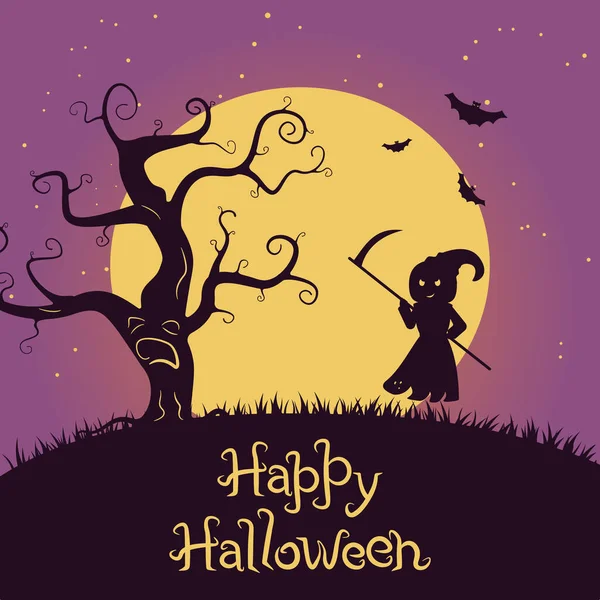 El estandarte de Halloween es un segador sombrío con una guadaña y un árbol aterrador en el fondo del cielo y la luna. Ilustración de vector de color para carteles, volantes, tarjetas de invitación. — Archivo Imágenes Vectoriales