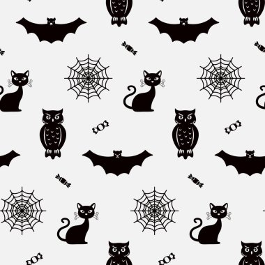 Cadılar Bayramı baykuş siluetleri, kediler, örümcek ağları ve beyaz arka planda tatlılar için kusursuz desen. Siyah ve beyaz vektör çizimi.