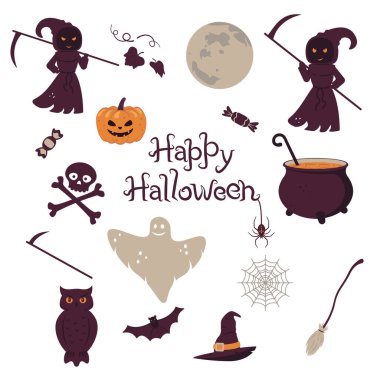 Cadılar Bayramı için tasarlanmış nesneler. Mektup, ölüm melekleri, örümcek ağı, hayalet, kazan, baykuş. Renkli vektör çizimi, düz stil. Beyaz izole arkaplan.