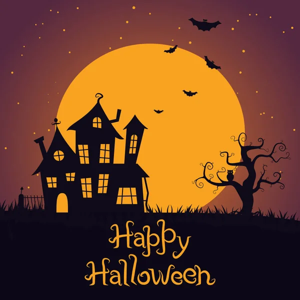 Halloween banner casa assustador com árvore no fundo do céu e da lua e morcegos. Ilustração vetorial de cores. —  Vetores de Stock