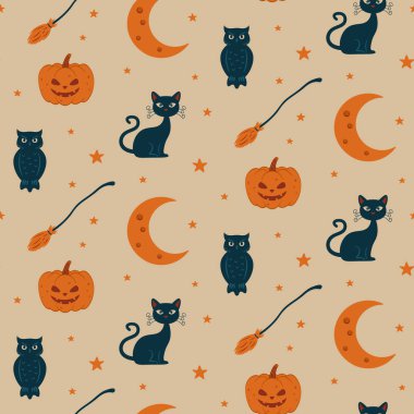 Balkabağı, süpürge, kedi, ay ve yıldızlı kusursuz Cadılar Bayramı deseni. Renk vektörü illüstrasyonu.