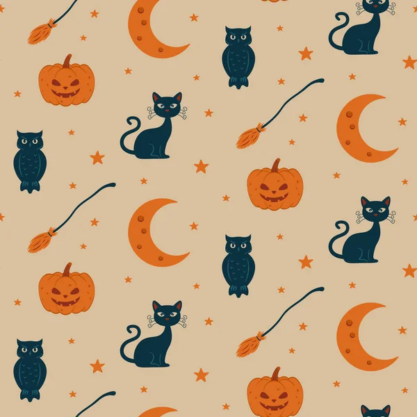 Patrón de Halloween sin costuras con calabaza, escoba, gato, luna y estrellas. Ilustración del vector de color. — Archivo Imágenes Vectoriales