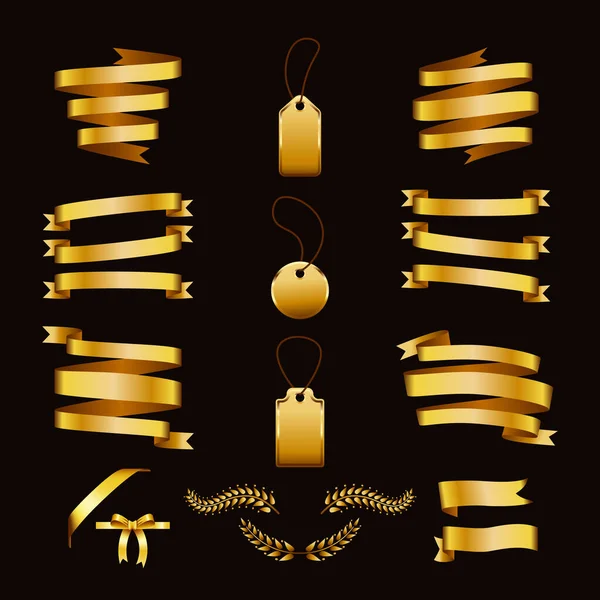 Ensemble de rubans de bannière en or, branches de laurier incurvées, arc. Illustration vectorielle couleur pour la publicité, rabais, bannières d'accueil. Contexte isolé. — Image vectorielle