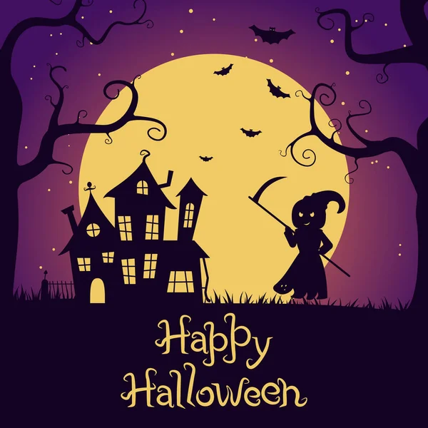 Halloween banner is grim reaper with scythe and scary house on the background of the night sky and the moon. Color vector illustration for posters, flyers, invitation cards. — Stock Vector