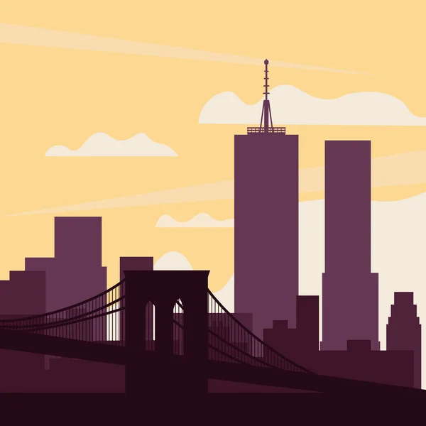 New York Brooklyn Köprüsü 'nün arka planında bulutlu güneş ve gökyüzü manzarası. Düz bir biçimin renk vektör çizimi.
