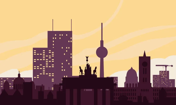 Berlijn stadslandschap bezienswaardigheden op de achtergrond van de dageraad hemel. Kleur vector illustratie van platte stijl. — Stockvector