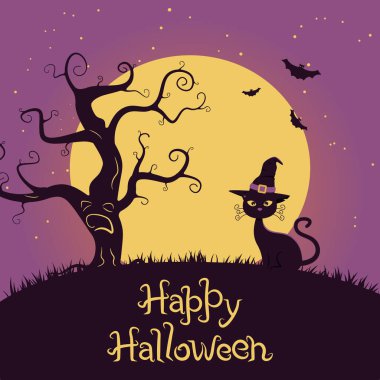 Cadılar Bayramı afişi şapkalı kedi ve gökyüzü ve ayın arka planında korkunç ağaç. Davetiyeler, posterler, el ilanları için renk vektörü illüstrasyonu.