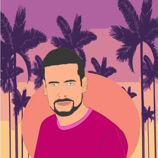 Pembe tişörtlü, palmiye ağaçlarıyla gün batımında genç mavi gözlü bir çocuk.