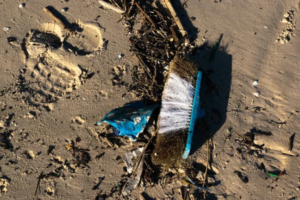 Sahilde dalgalarla yıkanan süpürge.