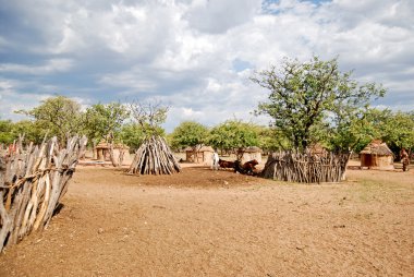 Geleneksel kulübeleri yakınındaki etkin ulusal Park'ta Namibya, Afrika ile Himba köy