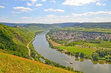 Moselle Nehri görünümüne ve Marienburg Castle village Puenderich - Almanya Mosel şarap bölgesi yakınındaki