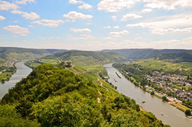 Moselle Nehri görünümüne ve Marienburg Castle village Puenderich - Almanya Mosel şarap bölgesi yakınındaki