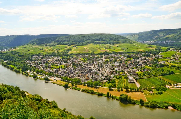 Вид через реку на деревню Пуэндерих - винный регион Германии в Европе — стоковое фото