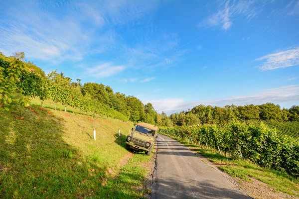 Wijngaarden met oude auto op de Zuid-Steirische wijnroute in het najaar, Oostenrijk, Europa — Stockfoto