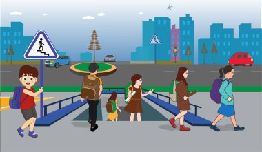 Alt geçit, yaya köprüsü, üst geçit, yaya geçidini kullanan çocuklar. Alt köprü. Altgeçit vektör çizimi, alt yaya geçidi, yaya geçidi. Yaya köprüsü. yol kuralları. 