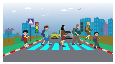 Çocuklar yaya geçidinden geçiyorlar. Çocuklara yaya güvenliği kavramını öğretiyorum. Trafik kuralları. Okul kavşağı kuralları. Trafik işaretleri ve trafik eğitimi. yol kuralları