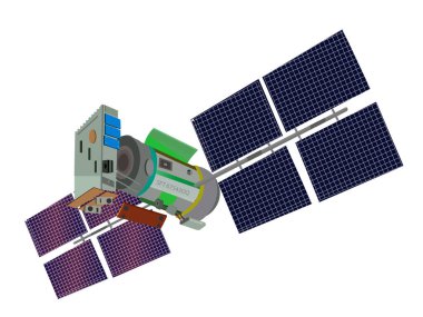 Uydu izole. Uydu beyaz arkaplan illüstrasyonunda izole edildi. Beyaz arka planda bir uydunun tasviri. detaylı uydu çizimi