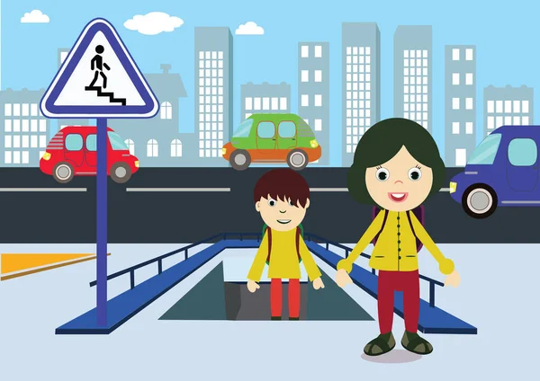 Sottopassaggio Passerella Cavalcavia Bambini Con Passaggio Pedonale Ponte Inferiore Illustrazione — Vettoriale Stock