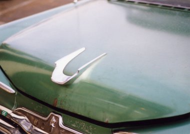 Islak bir 1952 Hudson Terraplane kaput süsü..