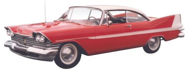 Kırmızı 1958 Plymouth Fury, büyük kuyruk yüzgeçleri ve bir sürü krom detay..