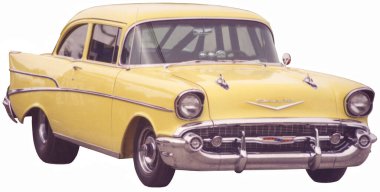 Sarı 1957 Chevy Bel Air Spor Coupe. Modifiye edilmiş ve kalkış yarışı için donatılmış..