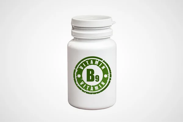Frasco de pastillas con vitamina B9 — Foto de Stock
