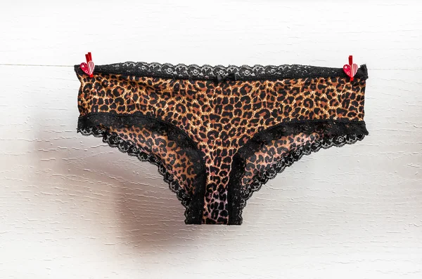 Leopards sexy panties attached to rope with clothespins — Stock Photo, Image
