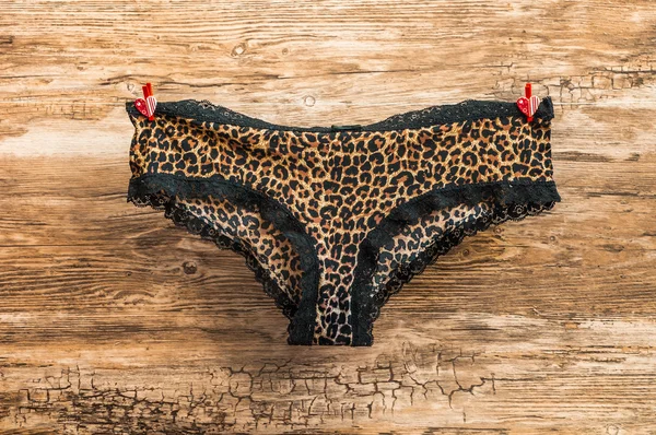 Leopards sexy panties attached to rope with clothespins — Stock Photo, Image