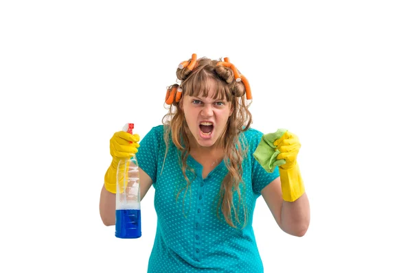 Mulher dona de casa louca com meios de limpeza — Fotografia de Stock