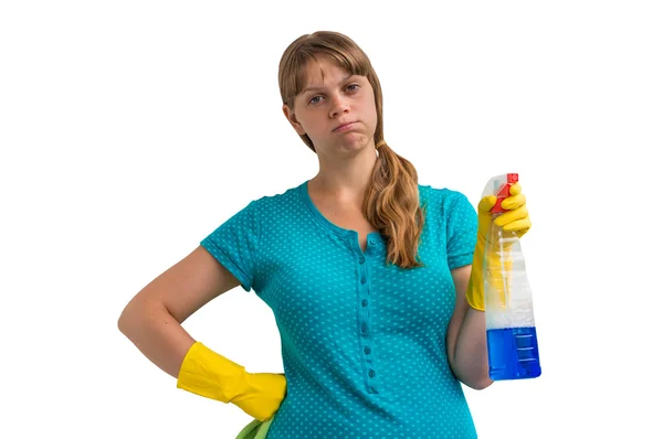 Mulher dona de casa cansada com um pano e detergente — Fotografia de Stock