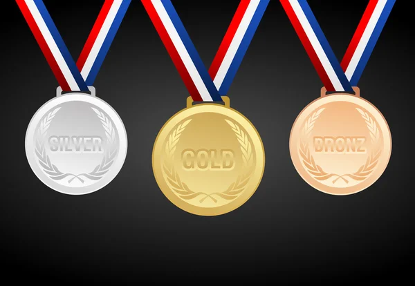 Arany, ezüst és bronz érmet szalag sor — Stock Vector