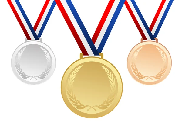 Σετ χρυσά, αργυρά και χάλκινα κενό Βραβείο μετάλλια με κορδέλες — Διανυσματικό Αρχείο
