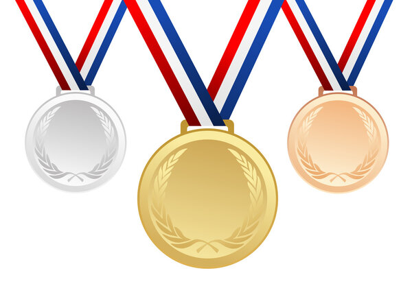 Set of gold, silver and bronze blank award medals with ribbons