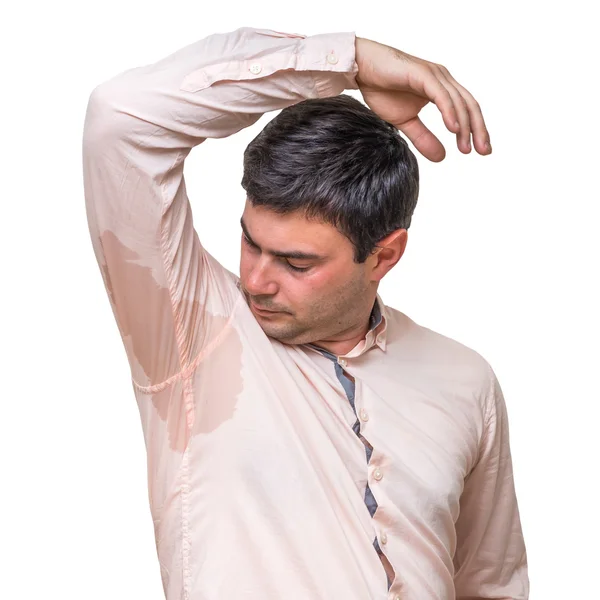 Man with sweating under armpit in pink shirt isolated on white — Stock Photo, Image