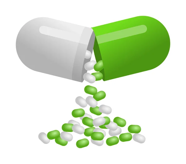 Medische groene capsule pil geïsoleerd op witte achtergrond — Stockvector