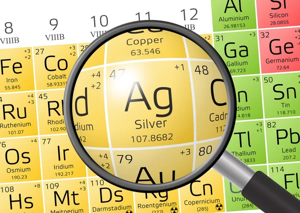 Elementti Argentum tai hopea suurennuslasilla — kuvapankkivalokuva