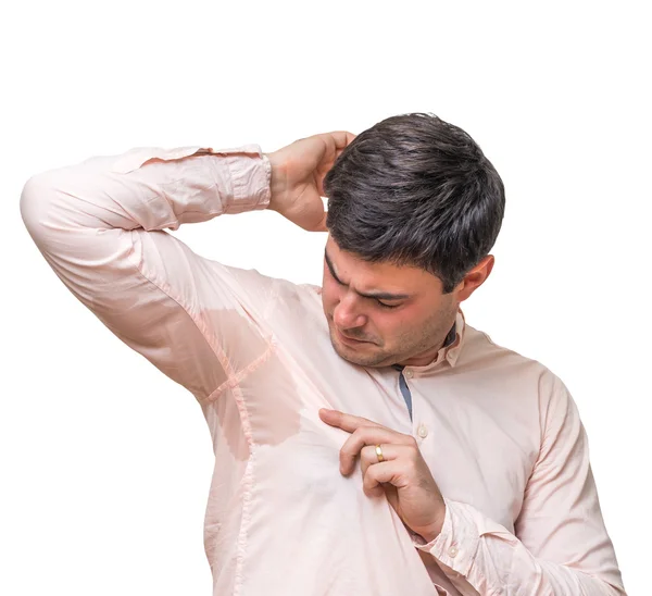 Man with sweating under armpit in pink shirt isolated on white — Stock Photo, Image