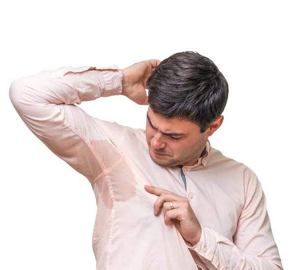 Hombre con sudoración debajo de la axila en camisa rosa aislado en blanco —  Fotos de Stock